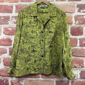 Vintage Chicos Top Women's L Green Artsy Travel Village Scenic 100% Silk Shirt